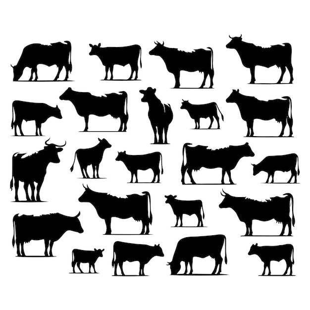 Vector set of cow silhouettes isolated on a white background