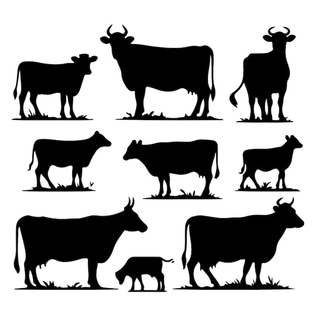 Vector set of cow silhouettes isolated on a white background