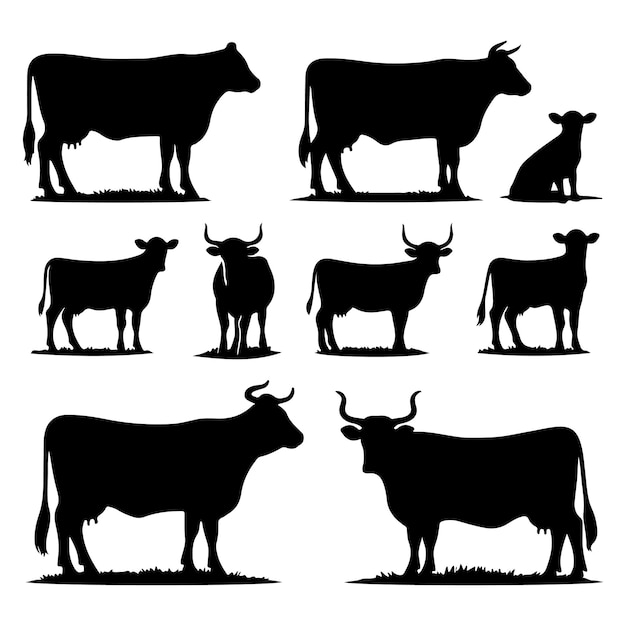 Vector set of cow silhouettes isolated on a white background