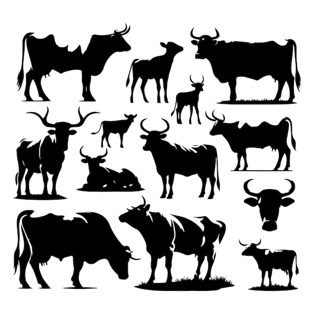 Vector set of cow silhouettes isolated on a white background