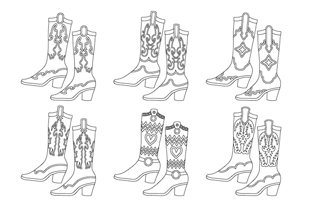 Vector set of cowgirl boots outline cowgirl boots with decorative details sketch vector