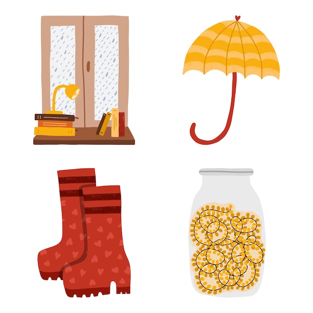 Vector set of cozy autumn symbols jar with a ligted garland window with rain behind and books lamp on the windowsill funny umbrella rubber boots hygge hand drawn illustration isolated on background