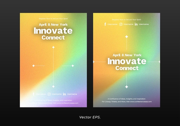 Vector set creative conference event cover with rainbow holographic gradient grainy texture vector