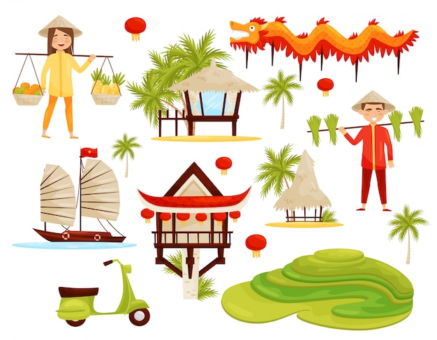 Vector   set of cultural symbols of vietnam. dragon, rice terraces, architecture, transport and people