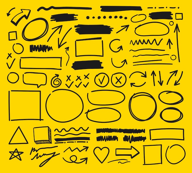 Set curve lines, pointers and geometrics doodles. Vector flat illustrations. Collection of simple doodle lines, curves, frames and spots. Doodle borders. Hand-drawn sketch isolated on yellow.