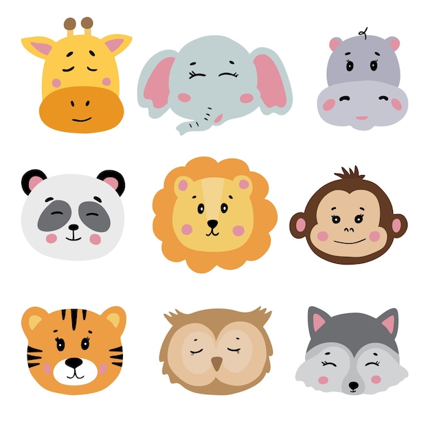 Set of cute animal faces. Hand drawn characters.