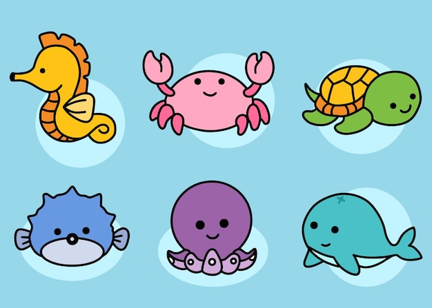 Set Cute Animal Sea Fish Ocean Cartoon Fish, Sea Horse, Crab, Turtle, Puffer, Squid, Octopus, Whale Fish Collection illustration