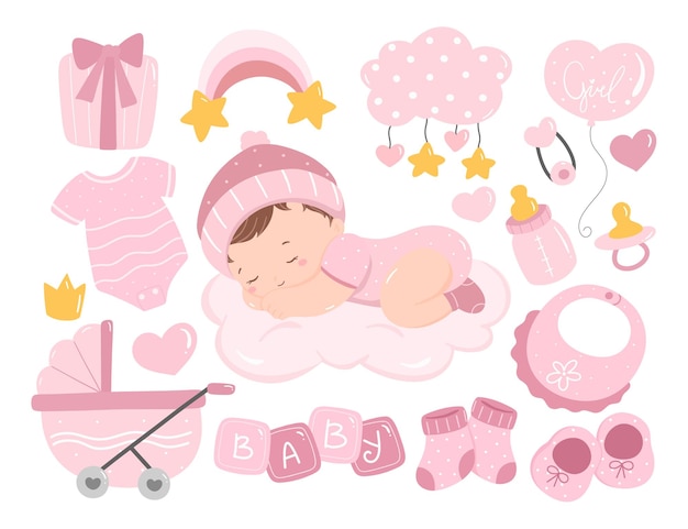 Vector set of cute baby girl and nursery elements