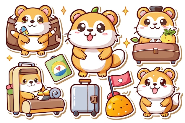 Vector set of cute cartoon animals travel stickers