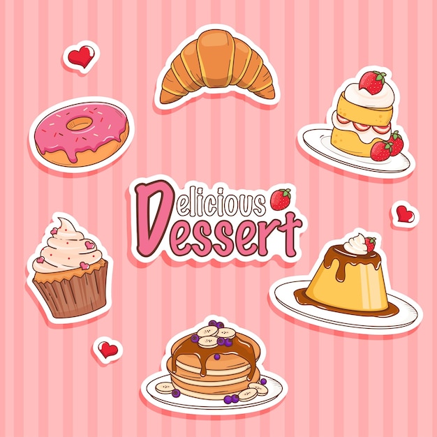 Set of cute cartoon bakery products Vector illustration Stickers and badges