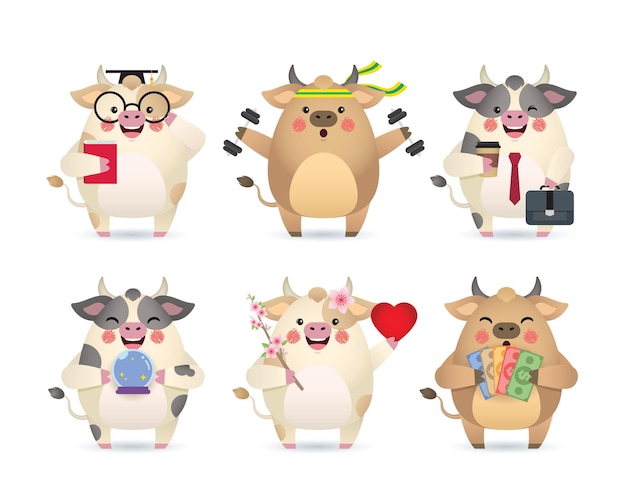 Set of cute cartoon cow in different pose