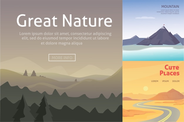 Set Cute Cartoon landscapes with mountain.  collection of nature.