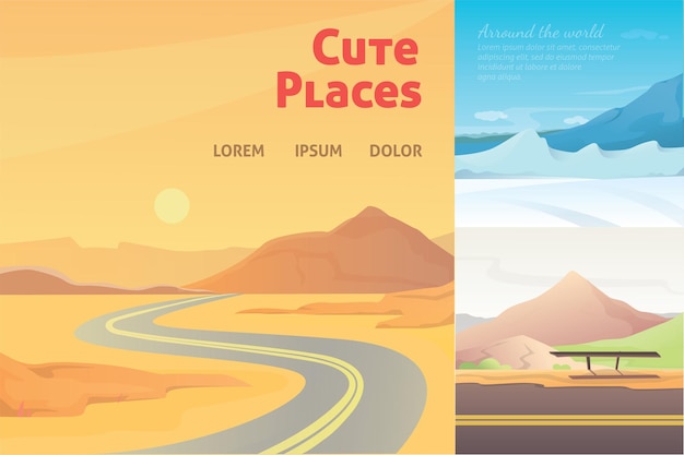 Vector set cute cartoon landscapes with mountain.  collection of nature.