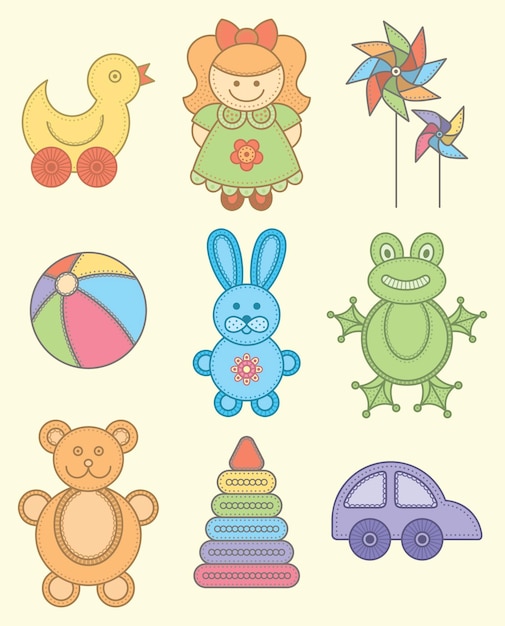 Set of cute cartoon style children's toys illustration. Great for kids designs.