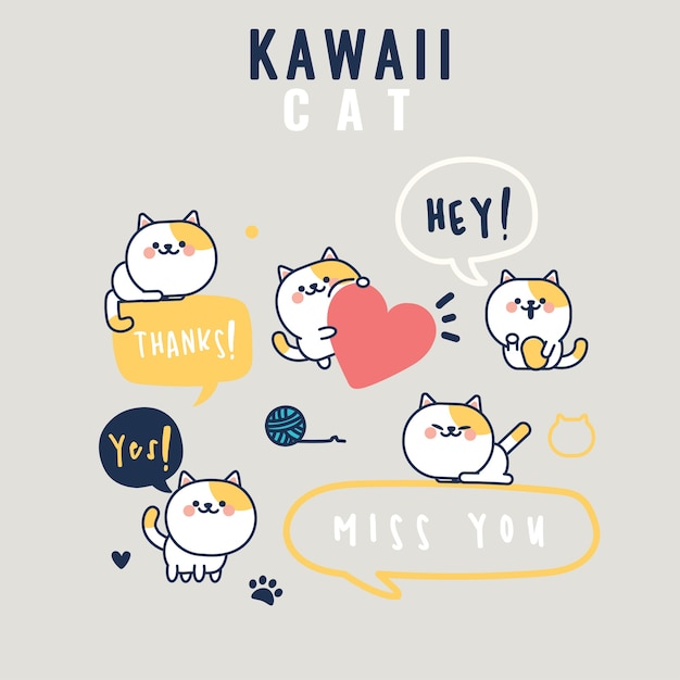 Set of cute Cat Illustration Sticker cartoon style