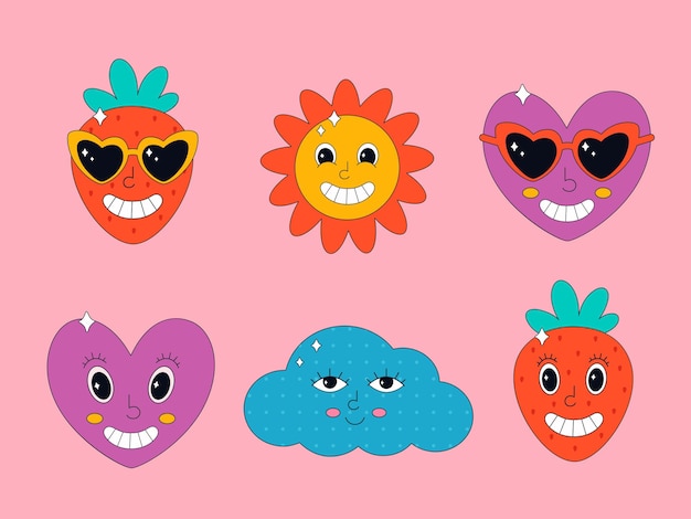 Set of cute characters in psychedelic 70s style Hippie psychedelic vintage