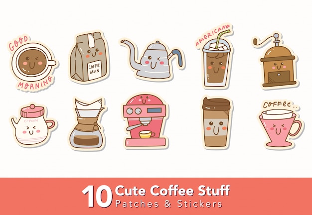 Set of Cute Coffee Stuff Stickers