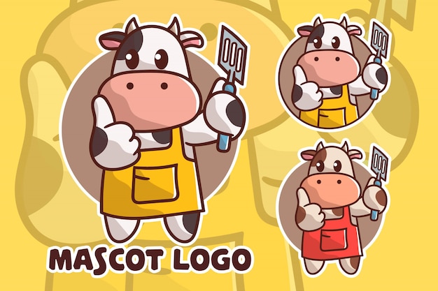 Vector set of cute cooking cow mascot logo