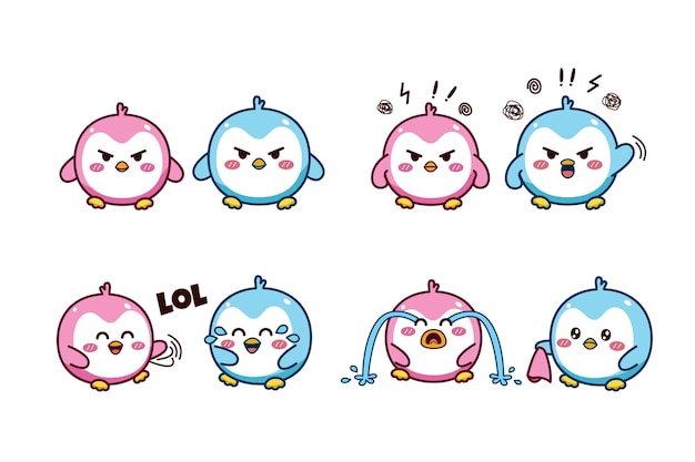 Vector set of cute couple little penguin for social media sticker emoji angry laughing out loud cry