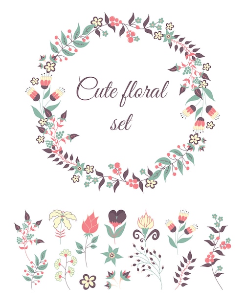 Set of cute doodle flowers and wreath. Vintage floral elements template.