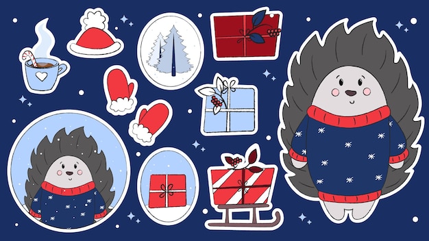 Set of cute doodles with Christmas animals, Santa's helpers, vector illustration with polar bear