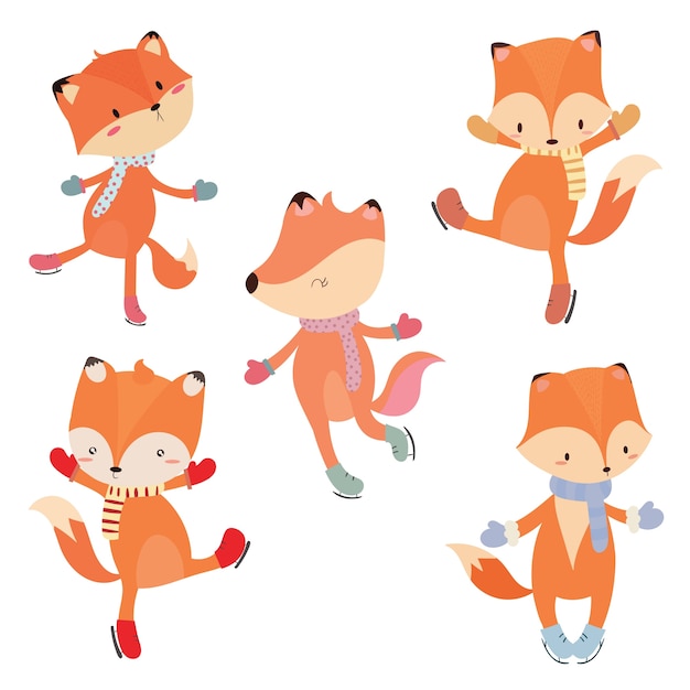 Set of cute fox skating