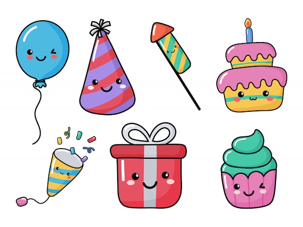 set of cute funny birthday icons. party celebration. carnival festive items kawaii style. isolated