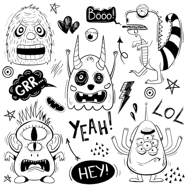 Vector set of cute funny scary doodle monsters
