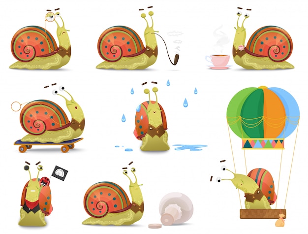 Set of cute gentleman snail in waistcoat activities  illustration.