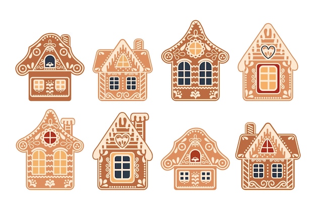 A set of cute gingerbread houses Festive decor elements traditional symbols illustration