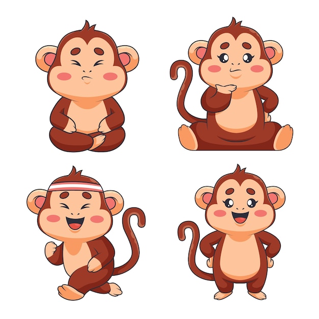 Set of cute handdrawn little monkeys with displeased confused happy expressions