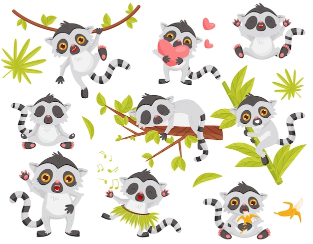 Set of cute lemur in different actions Exotic animal with long tail and big shiny eyes Funny cartoon character Graphic elements for children book or mobile game Isolated flat vector illustrations