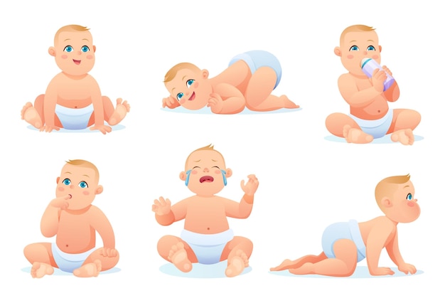 Set of cute little baby boy with diaper in various poses and situations vector cartoon character