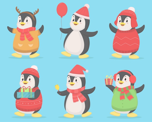 Set of cute penguin christmas theme illustration