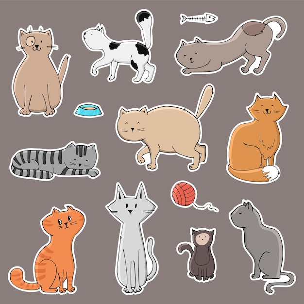 Set of cute stickers with different cats.