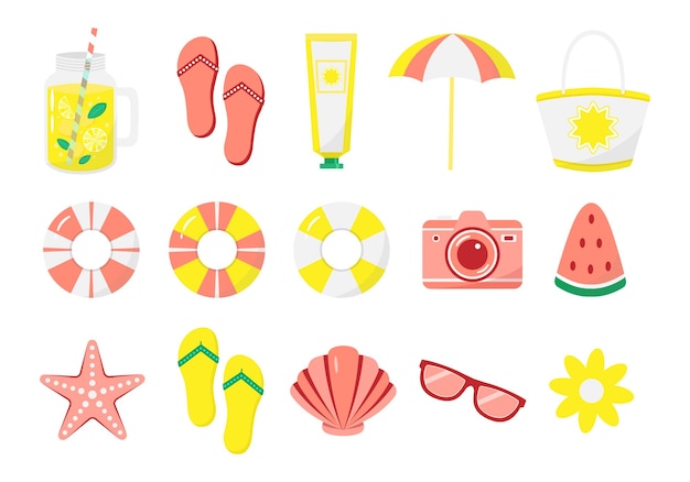 Set of cute summer accessories Collection of flat elements for beach party