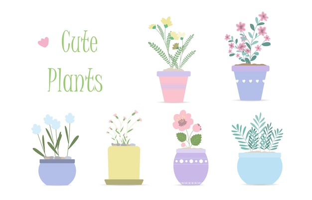 Set of cute vector flower pots for home decor in pastel colors Flat vector illustration