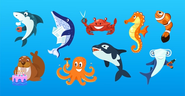 Set of cute wild marine animals and fishes