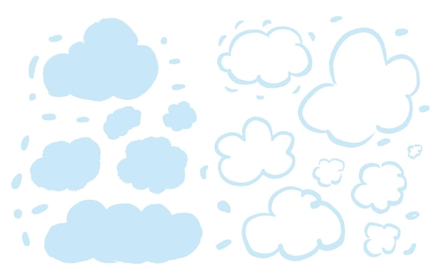 Set of decorative Fluffy Blue and White Cute Clouds Brush Vector Elements