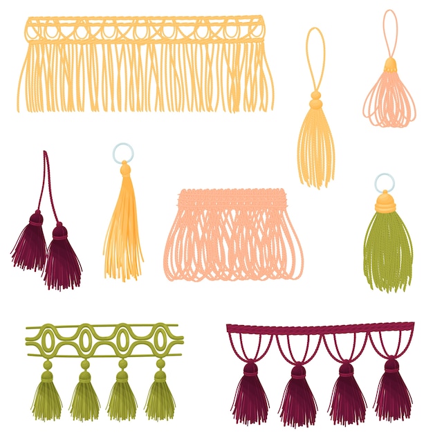 Set of decorative tassels of different colors and shapes.  illustration on white background.