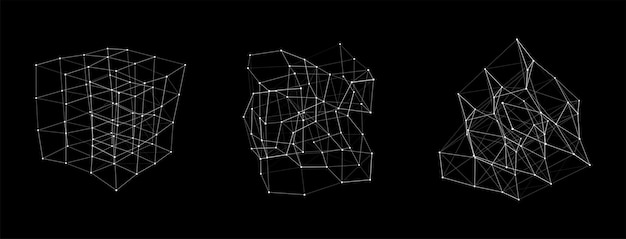 Vector set of deformed wireframe cube from different sides vector abstract geometric 3d objects