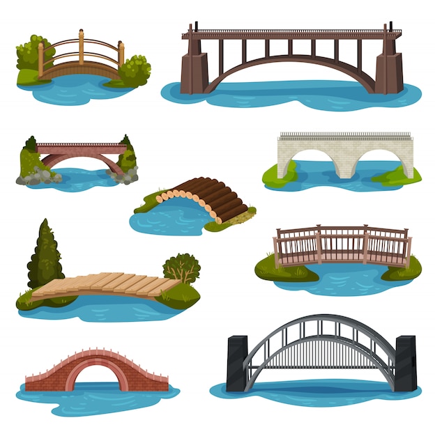   set of different bridges. Wooden, metal and brick footbridges. Constructions for transportation. Architecture theme