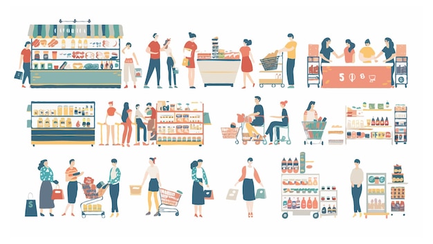 Vector set of different customers in a grocery store vector flat illustrations on a white background