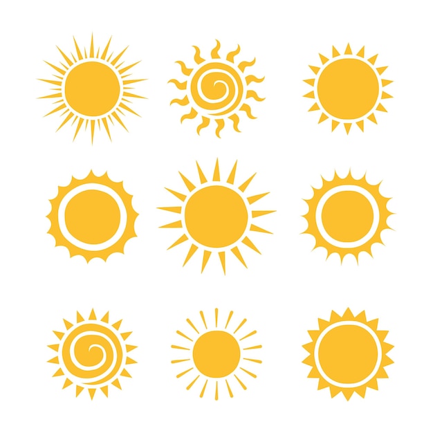 Set of different hand drawn sun icons Flat style vector illustration