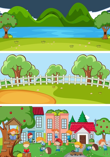 Set of different horizontal scenes background with doodle kids cartoon character