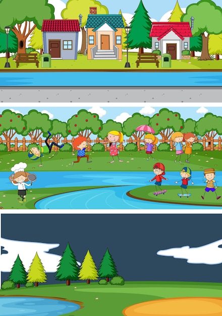 Set of different horizontal scenes background with doodle kids cartoon character