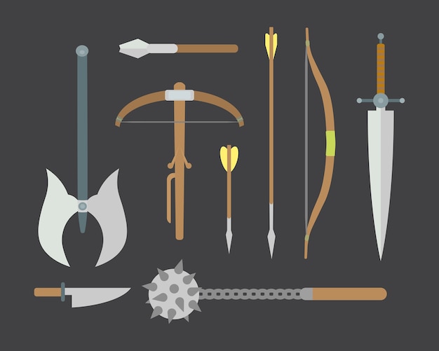 Set of different medieval weapons flat