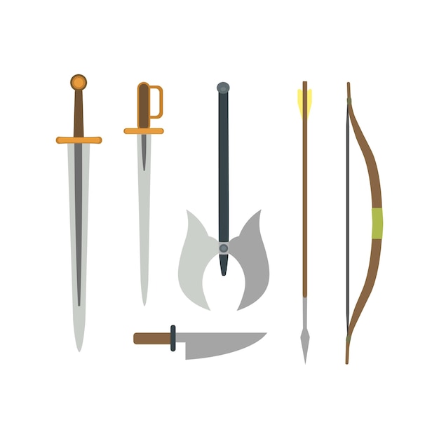 Set of different medieval weapons vector flat illustrations