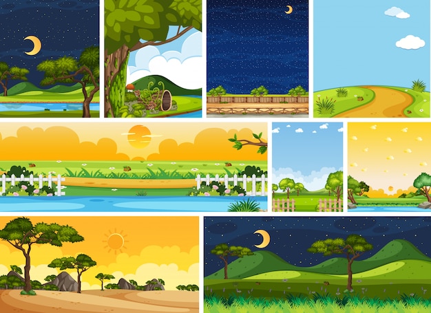 Vector set of different nature place scene in vertical and horizon scenes at daytime and night