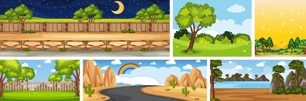 Vector set of different nature place scene in vertical and horizon scenes at daytime and night